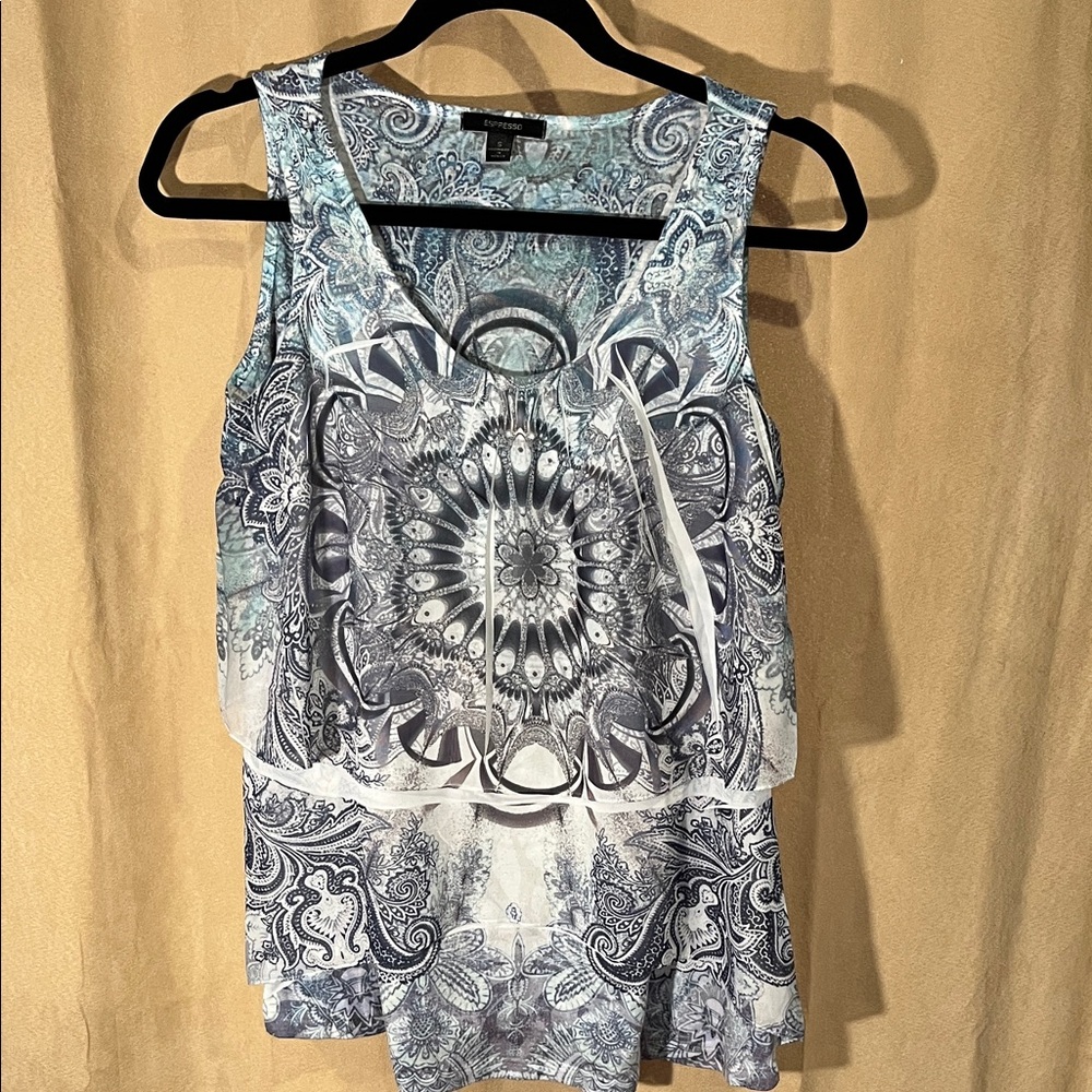 Espresso Blue and White Paisley Layered Tank Top